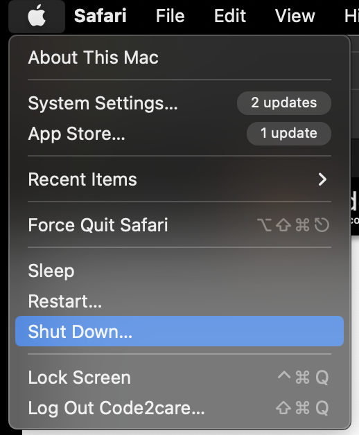 Apple Menu Shut down option macOS
